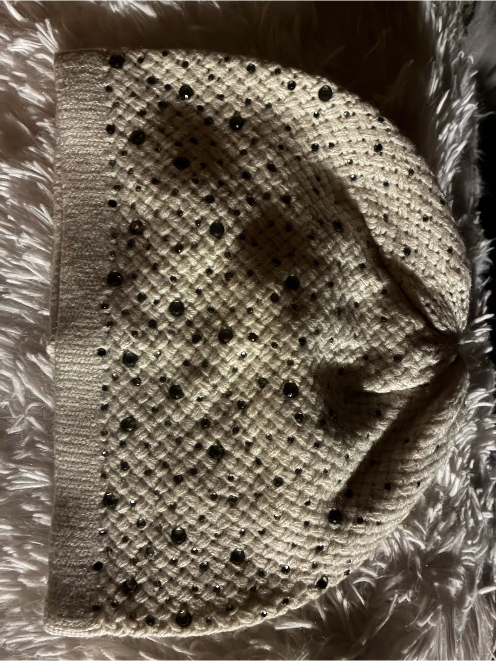 Embellished Cream Knit Women's Beanie